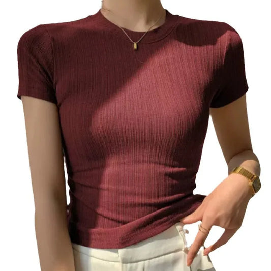 Womens T-shirt Casual Short Sleeve Knitted Clothes for Women