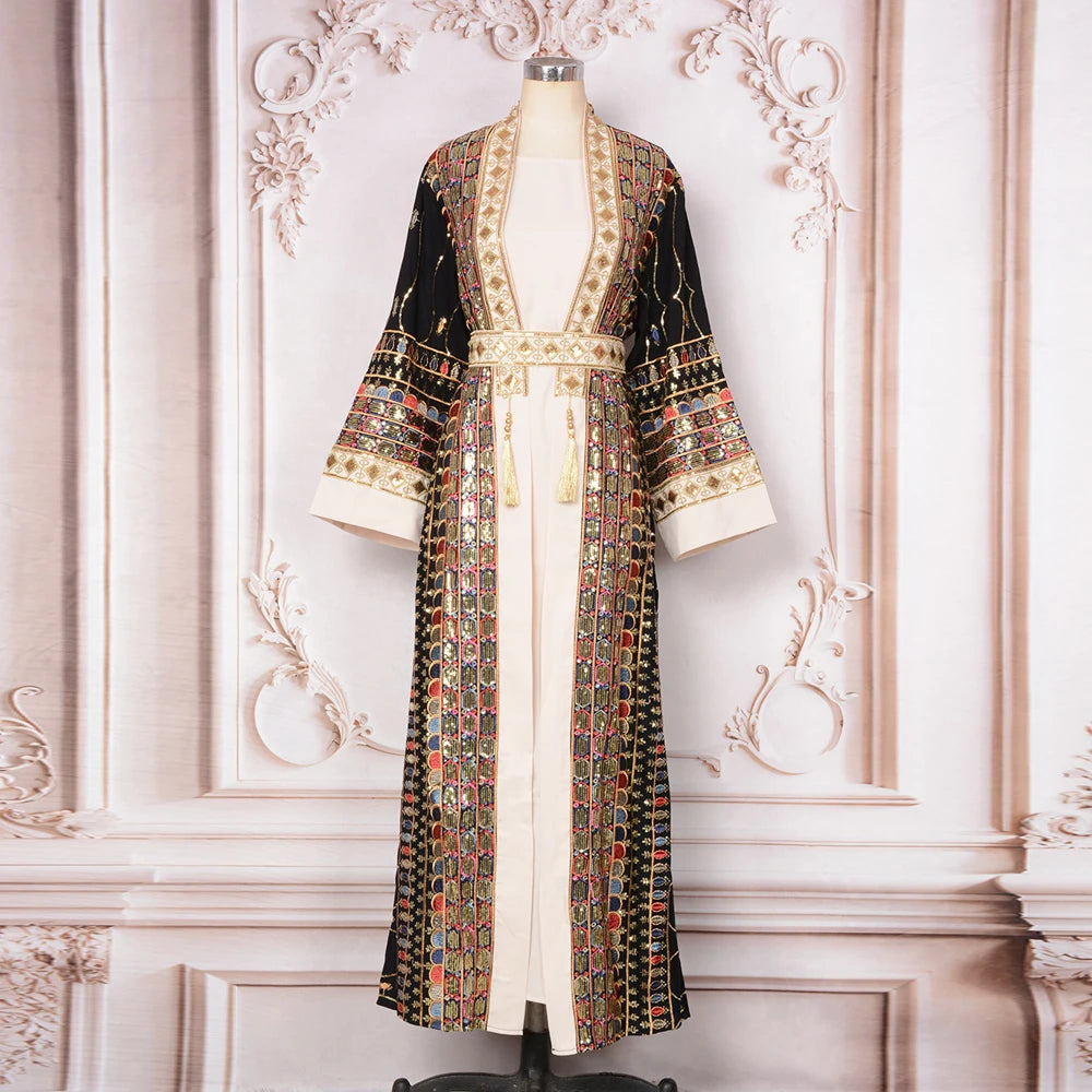 2025 Dubai Luxury Sequin Embroidered Dress Women Open Abayas Maxi Dress Robe Set