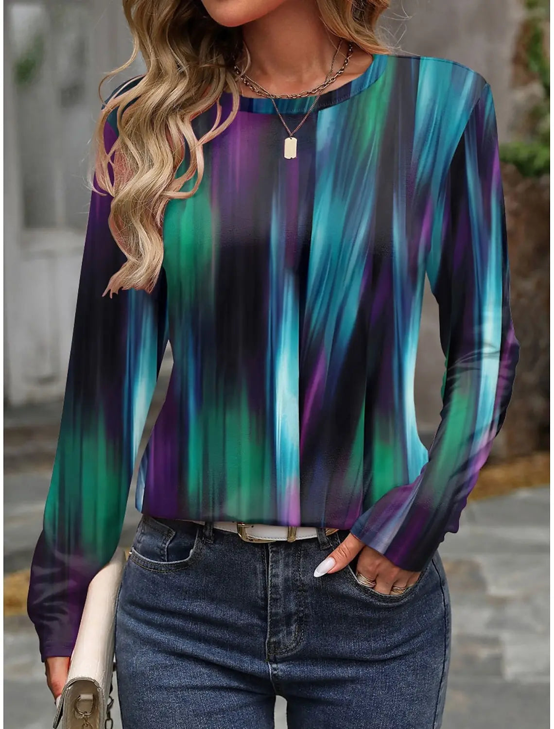 Fashion Women's Sweatshirt 3D Prints Color Block Graphics y2k long sleeve T-shirt Casual Loose Fit O-Neck Tee Long Sleeve Tops