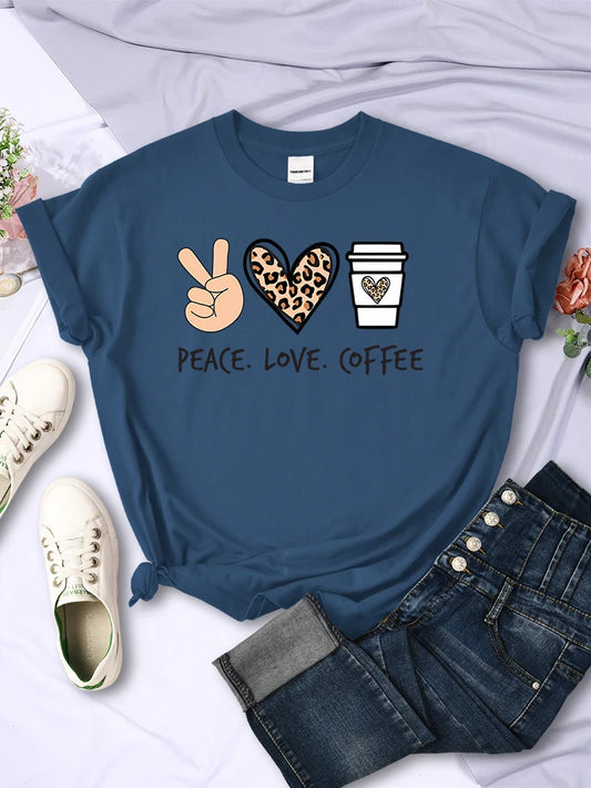 Women's Peace Love Coffee Printed Quality T-Shirts Brand Breathable O-Neck Tshirt For Women