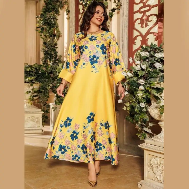Women Kaftan Dress Flower Print Islamic Kaftan Dress Middle Eastern Robe Dress