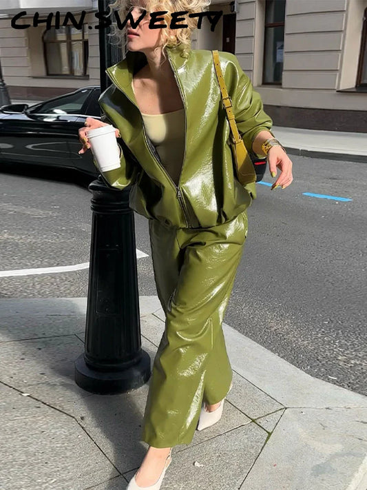 ladies Stylish Leather 2 Pc Jacket /Pants Set Women Stand Collar Zipper Coat Loose Trousers Sets