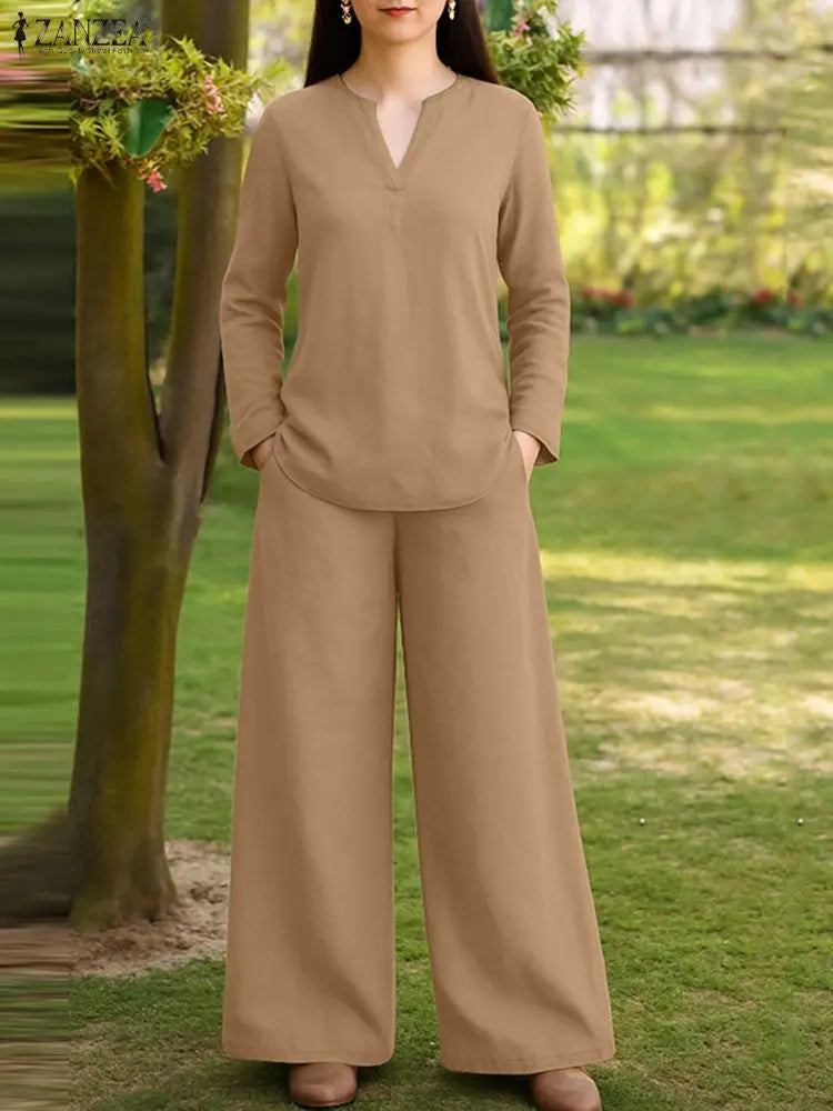 2025 Autumn Outfit Women 2 Piece Sets ZANZEA Casual V Neck Long Sleeve Tops Pant Suit Elegant Solid Loose Work Tracksuit