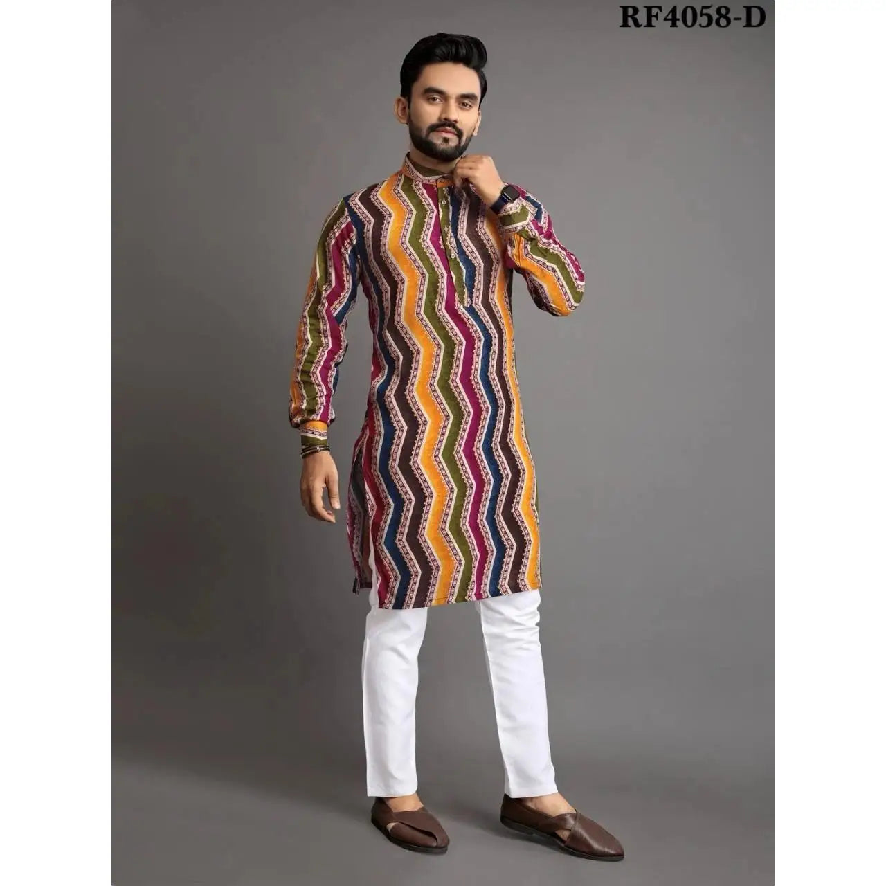2025 Men Digital Printed Kurta Shirt Regular Fit Mandarin Collar Long Suitable All Occasions