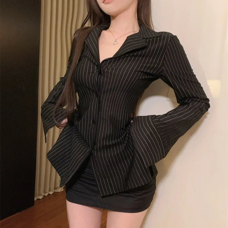Striped Turn-down Collar Shirts Women Autumn Sexy Ladies Slim Fit Tops Long Sleeve Retro Fashion All-match Korean Style Popular