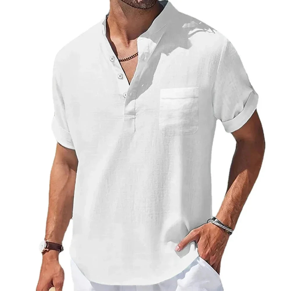 New Men's Casual Henley Collar Shirts Summer Solid Color Short Sleeve Cotton Linen Shirt Breathable Loose Beach T-Shirts