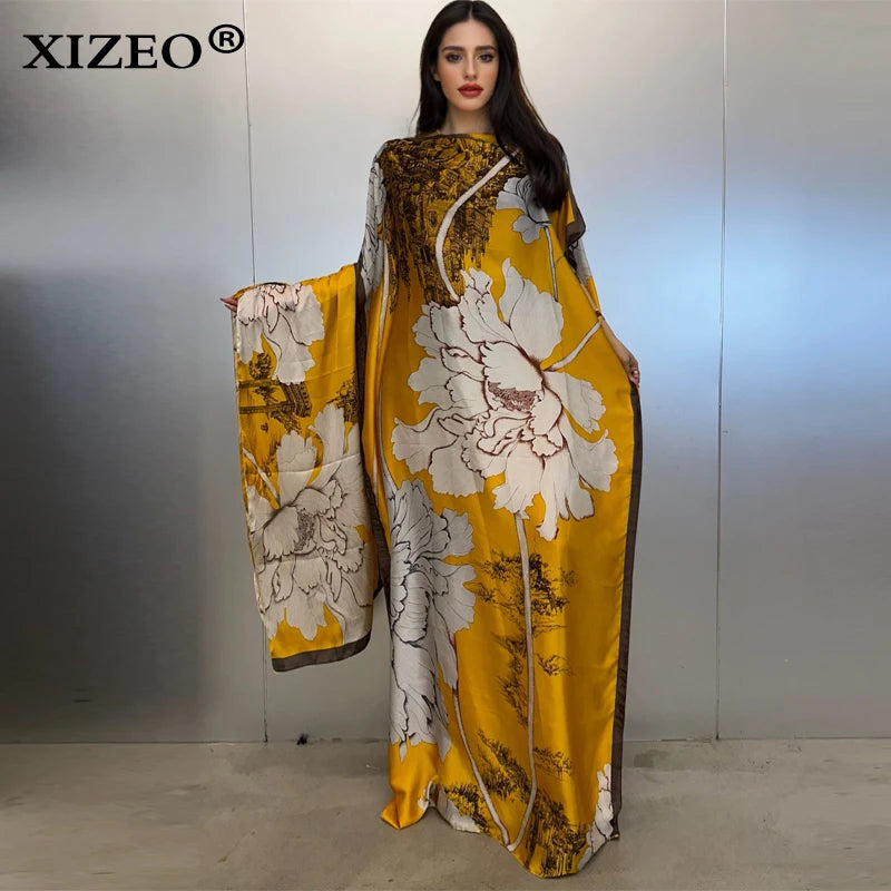 XIZEO muslim african dresses for woman dubai abaya Crew Neck Wave dot print Kaftan Dress, Elegant Maxi Length Dress, maxi dress
