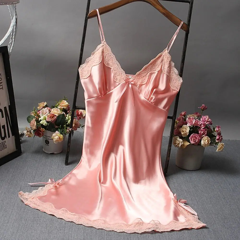 Sexy Lace Patchwork Camisola Lingerie Silk Dress Sleep Wear Nightdress