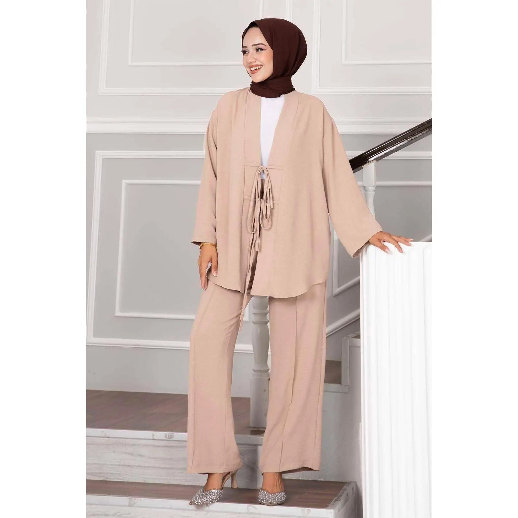 Women's 2-Piece Set Front Tied Kimono and Aerobin Hijab in Mink