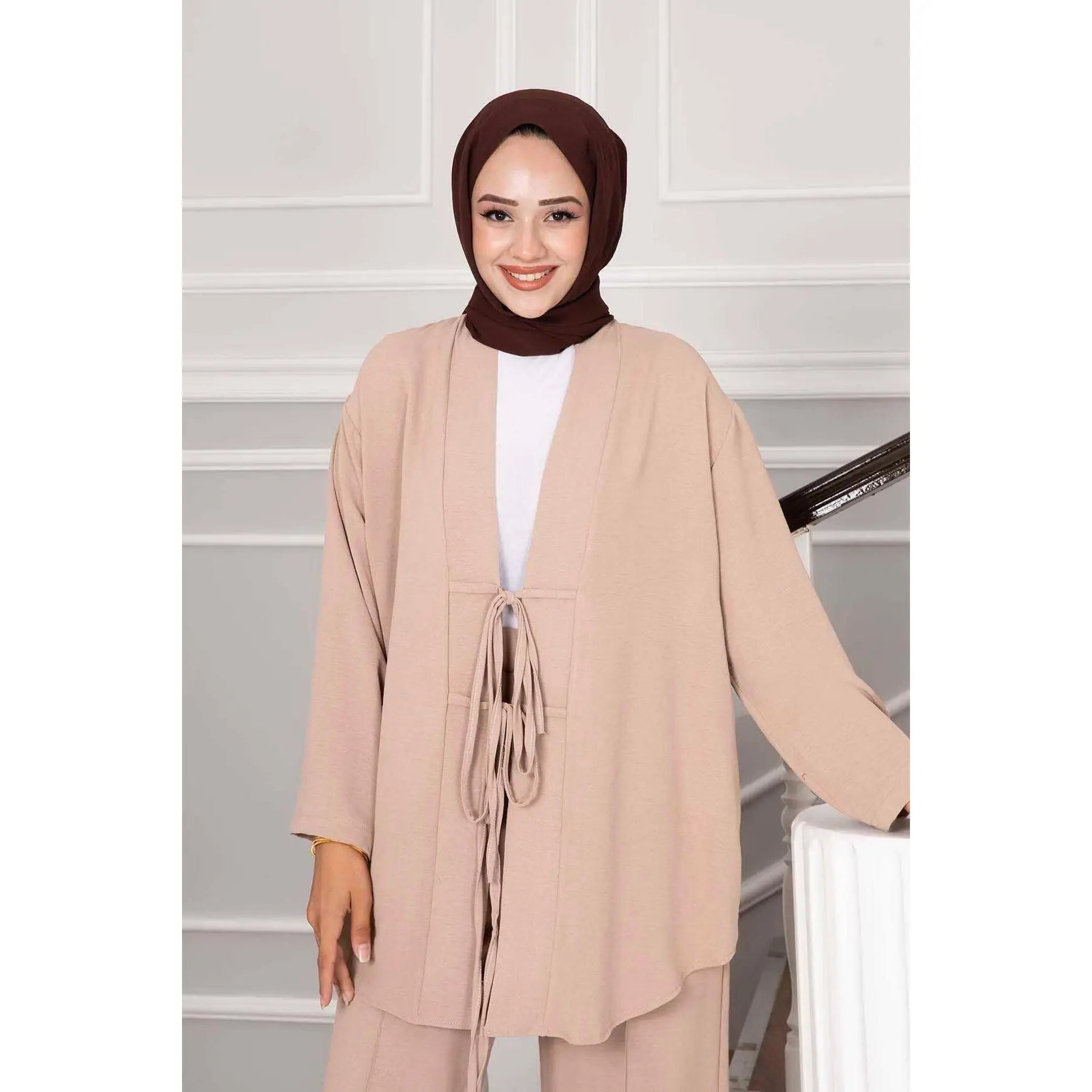 Women's 2-Piece Set Front Tied Kimono and Aerobin Hijab in Mink
