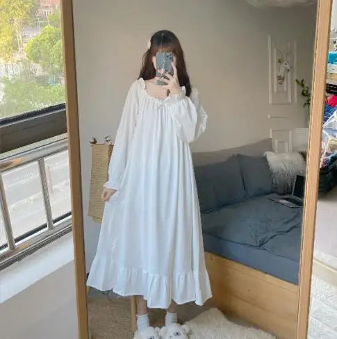 Spring/Winter Women's Sleepwear Night Dress Cotton Mesh Long Sleeve Home Wear Clothes Ladies Night Sleep Shirts Nightgown Woman
