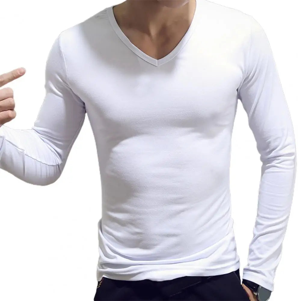 Men Shirt Long Sleeve Men's Clothing Solid Color Pullover Sweatshirt V Neck Slim Male Casual Base Shirt Autumn 2025