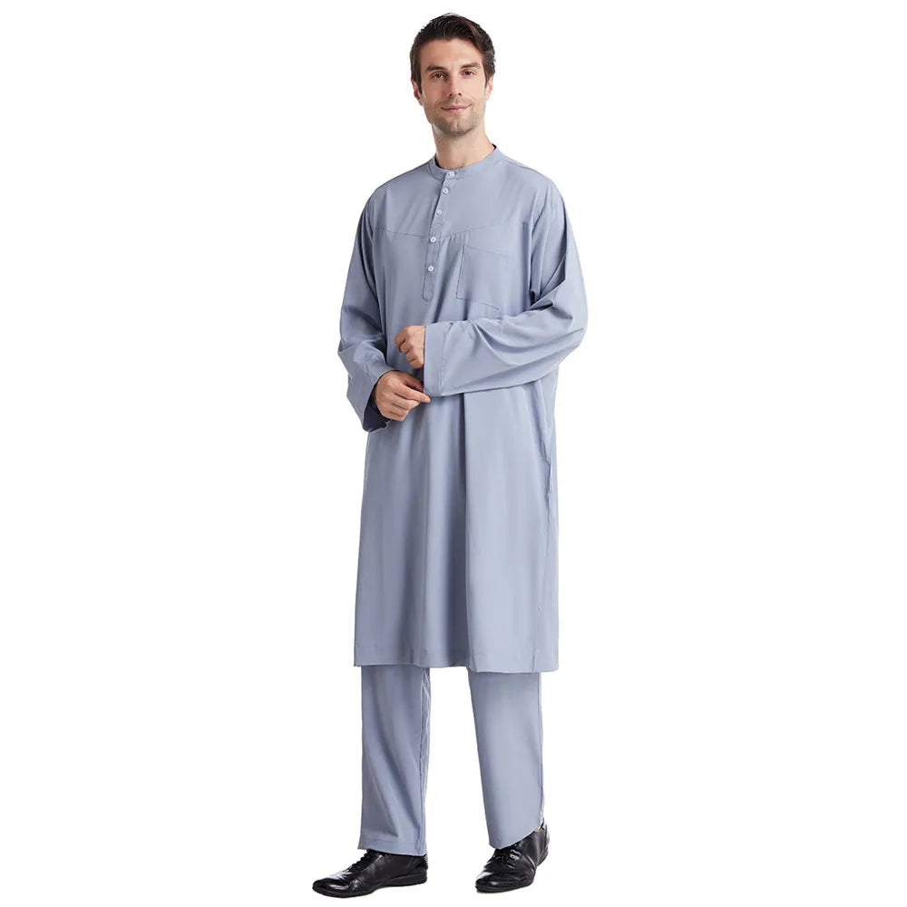 Men Jubba Thobe  Two Pieces Set For Male Pakistan Dubai Saudi Abaya Prayer Islamic Clothing Worship Suit Arabic Ramadan