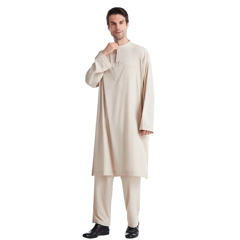 Men Jubba Thobe  Two Pieces Set For Male Pakistan Dubai Saudi Abaya Prayer Islamic Clothing Worship Suit Arabic Ramadan