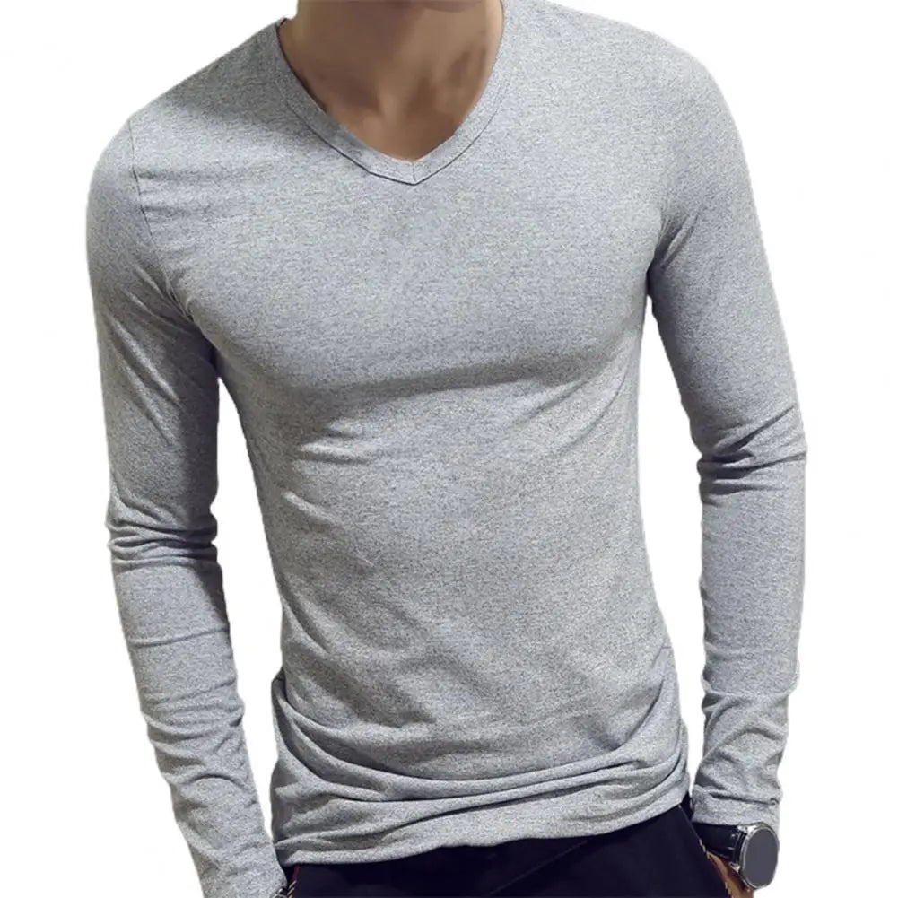 Men Shirt Long Sleeve Men's Clothing Solid Color Pullover Sweatshirt V Neck Slim Male Casual Base Shirt Autumn 2025