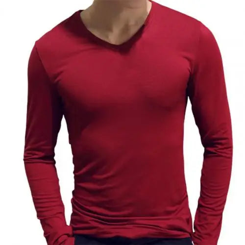 Men Shirt Long Sleeve Men's Clothing Solid Color Pullover Sweatshirt V Neck Slim Male Casual Base Shirt Autumn 2025