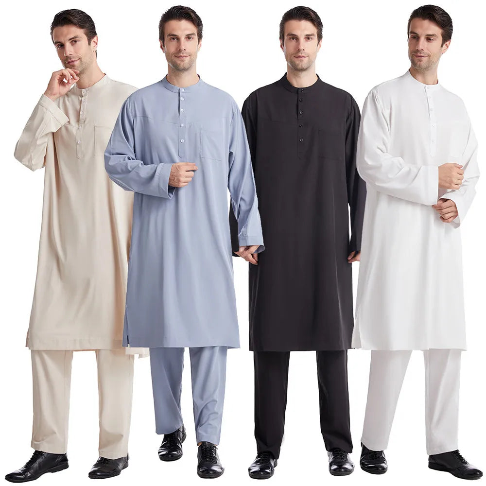 Men Jubba Thobe  Two Pieces Set For Male Pakistan Dubai Saudi Abaya Prayer Islamic Clothing Worship Suit Arabic Ramadan
