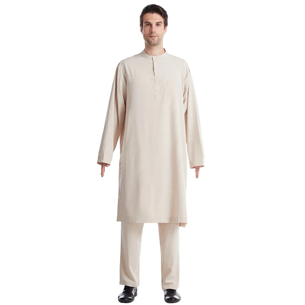 Men Jubba Thobe  Two Pieces Set For Male Pakistan Dubai Saudi Abaya Prayer Islamic Clothing Worship Suit Arabic Ramadan