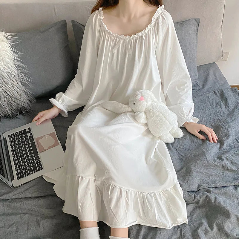 Spring/Winter Women's Sleepwear Night Dress Cotton Mesh Long Sleeve Home Wear Clothes Ladies Night Sleep Shirts Nightgown Woman