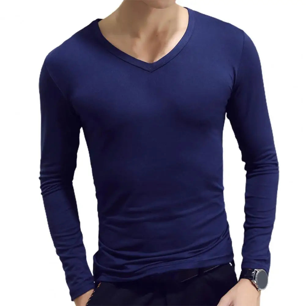 Men Shirt Long Sleeve Men's Clothing Solid Color Pullover Sweatshirt V Neck Slim Male Casual Base Shirt Autumn 2025