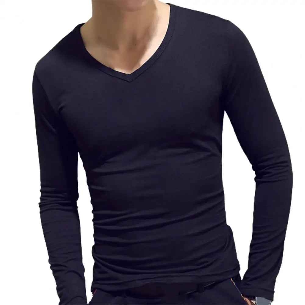 Men Shirt Long Sleeve Men's Clothing Solid Color Pullover Sweatshirt V Neck Slim Male Casual Base Shirt Autumn 2025