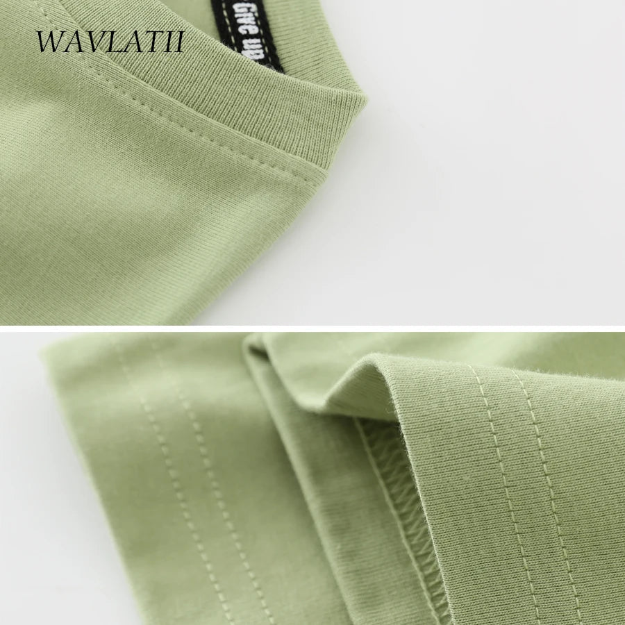WAVLATII Women New Light Green Summer T Shirts Female 210g/m2 Cotton Fabric Tees Lady White Streetwear Short Sleeve Tops WT2303
