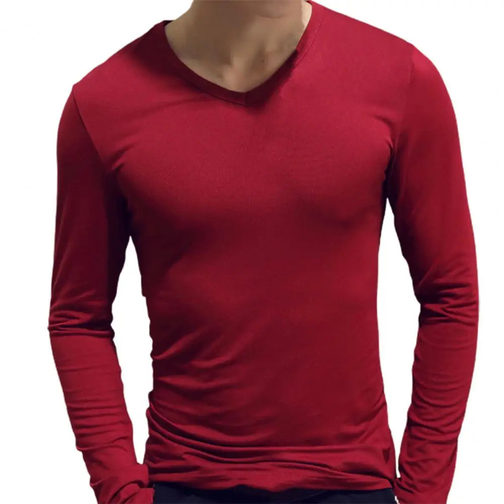 Men Shirt Long Sleeve Men's Clothing Solid Color Pullover Sweatshirt V Neck Slim Male Casual Base Shirt Autumn 2025