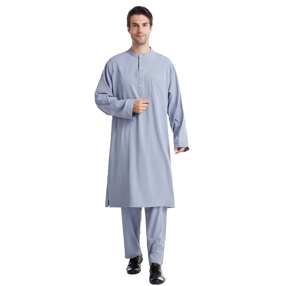 Men Jubba Thobe  Two Pieces Set For Male Pakistan Dubai Saudi Abaya Prayer Islamic Clothing Worship Suit Arabic Ramadan