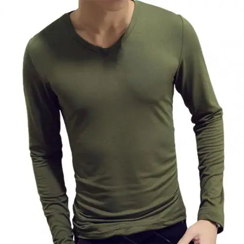 Men Shirt Long Sleeve Men's Clothing Solid Color Pullover Sweatshirt V Neck Slim Male Casual Base Shirt Autumn 2025
