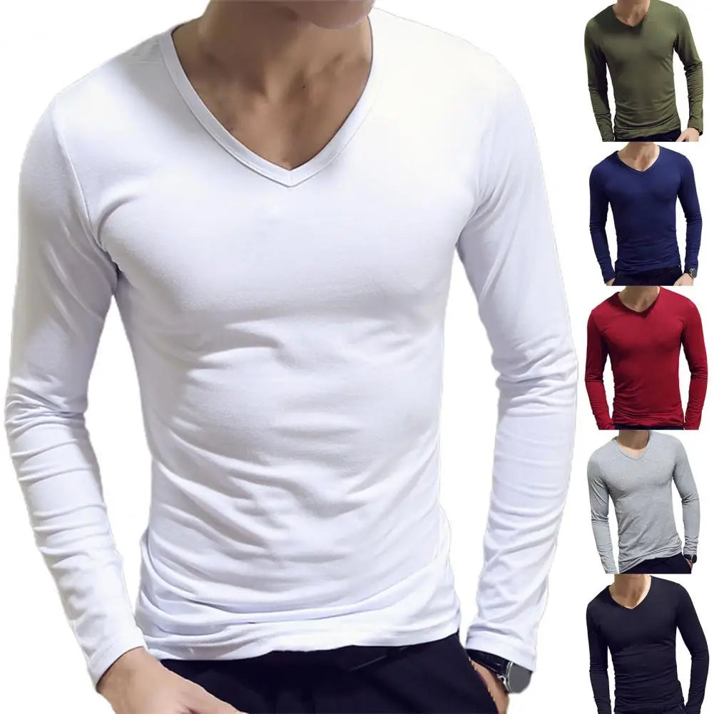 Men Shirt Long Sleeve Men's Clothing Solid Color Pullover Sweatshirt V Neck Slim Male Casual Base Shirt Autumn 2025