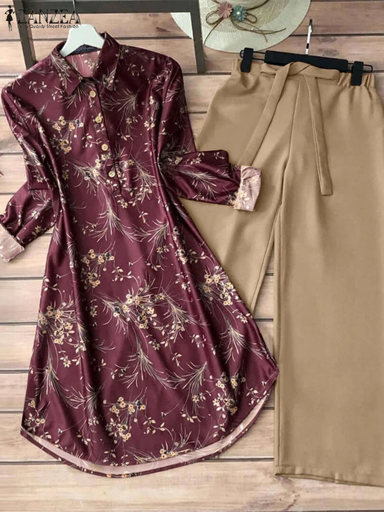 ZANZEA Women 2 PC Pant Sets Vintage Floral Print Tops Solid Wide Leg Long Pant Sets Elegant Outfits Two Piece Suits Casual