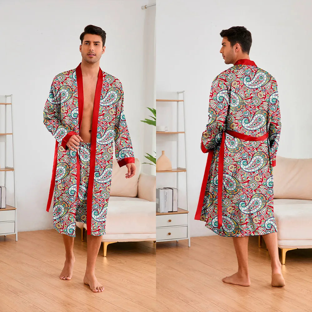 Men 2 Pieces Sleepwear Leopard Bathrobe Set  Homme Long Mens Sleepwear Loungewear Home Dressing Gown