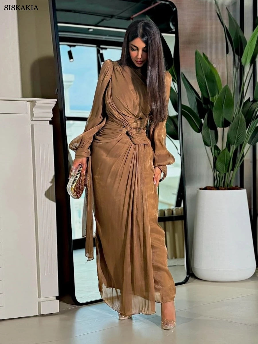 Siskakia  Stylish Arab Tunics Maxi Dress New Dubai Puff Sleeve Abaya Ribbon Kaftan 2025