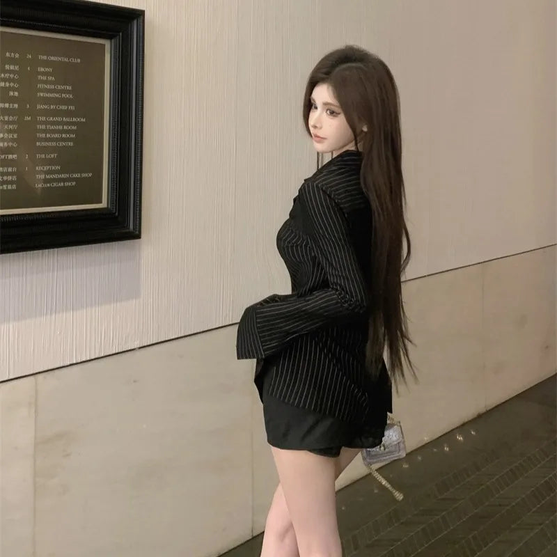 Striped Turn-down Collar Shirts Women Autumn Sexy Ladies Slim Fit Tops Long Sleeve Retro Fashion All-match Korean Style Popular