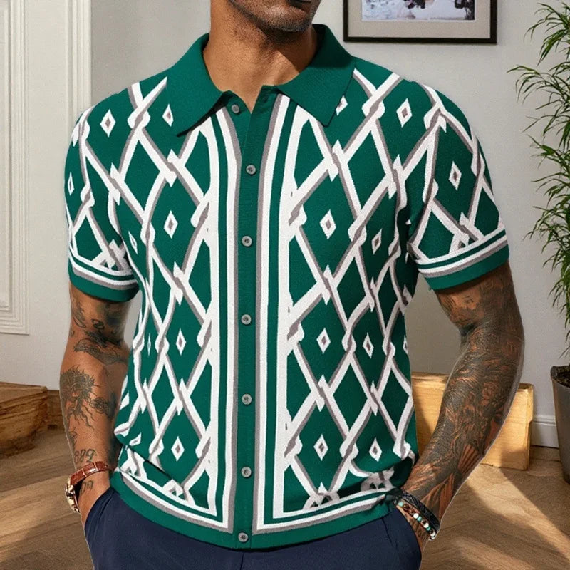 Knitted Shirt Print T Shirts Short Sleeve Single Breasted Cardigan Men Turn Down Collar Casual Shirts Loose Casual 2025
