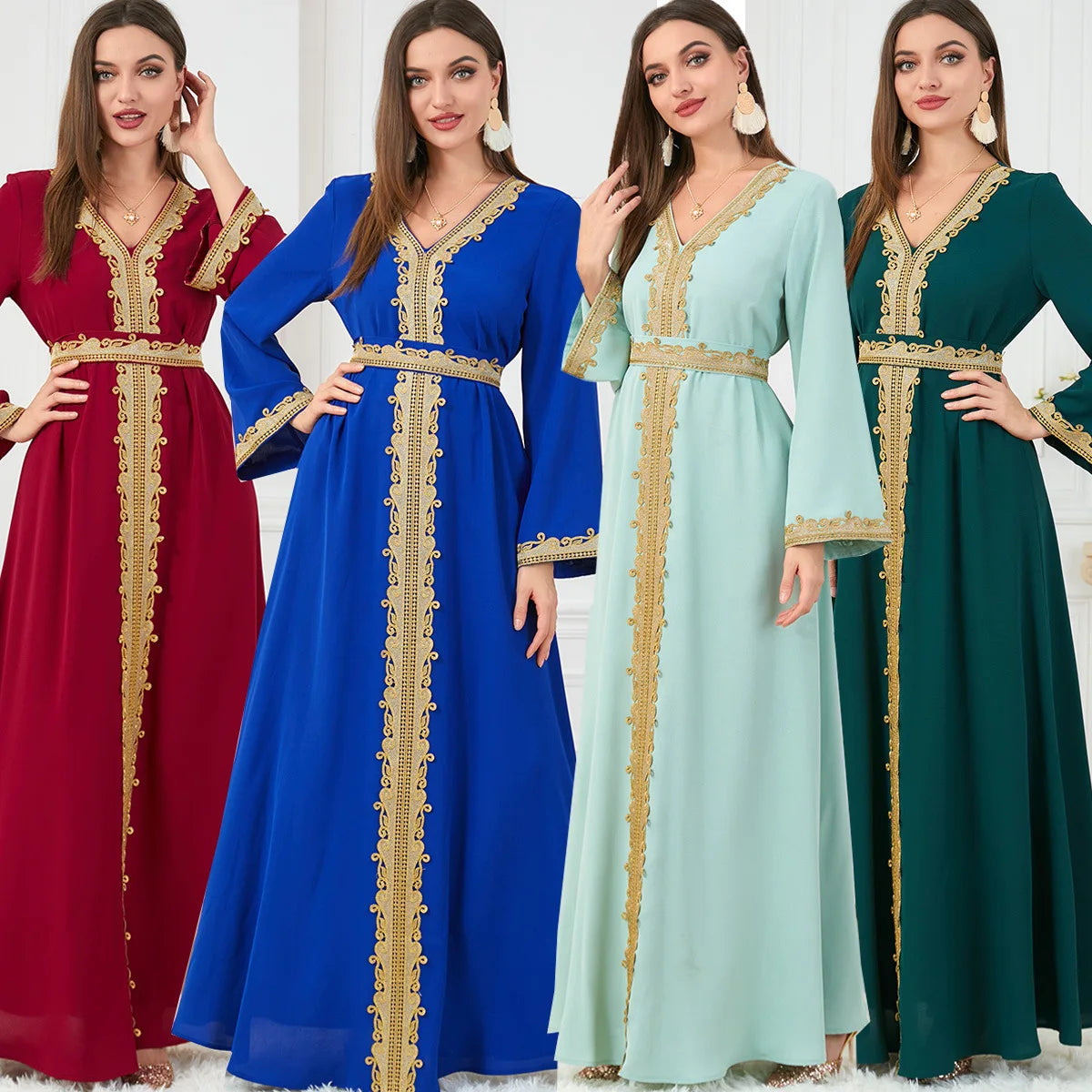 Women's Abaya Clothing Pure Color Splicing Basic Loose Embroidered Long Skirt Long Sleeve Dress