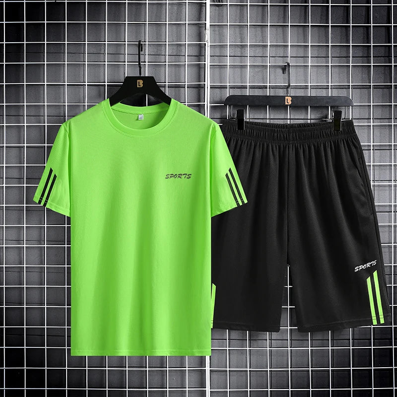 Three bar men's sports suit summer ice silk breathable mesh quick drying clothes quick drying pants outdoor running two-piece se