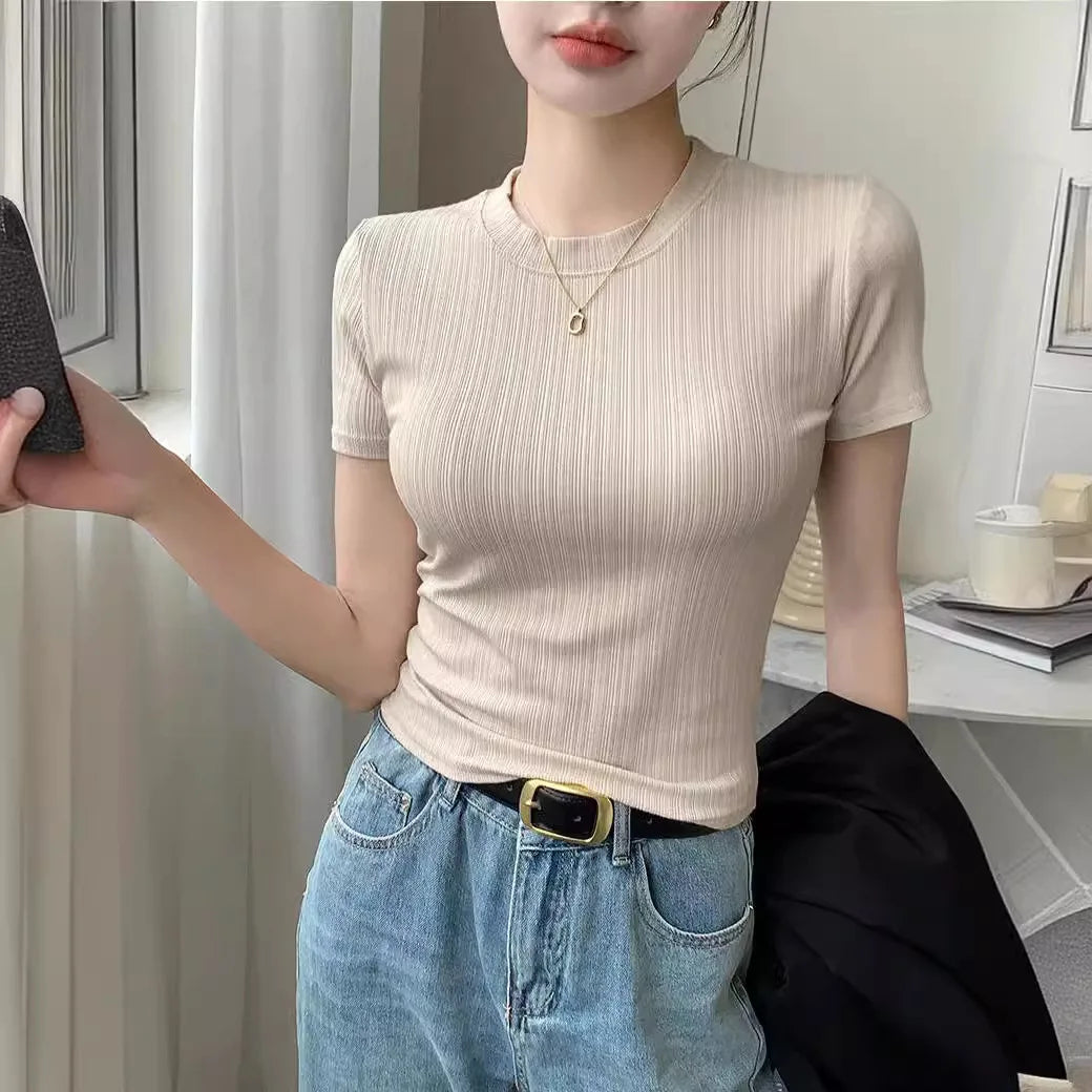 Summer Womens Y2k Harajuku T-shirt Casual Short Sleeve Tops Korean Fashion Knitted Clothes for Women White Black T-shirts 2025