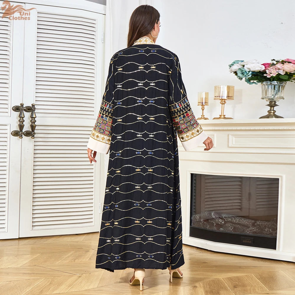 2025 Dubai Luxury Sequin Embroidered Dress  Women Open Abayas Maxi Dress Robe Set
