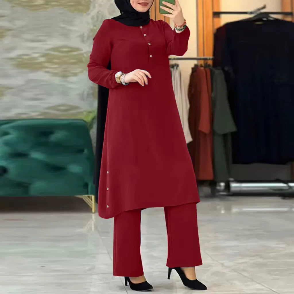 Two Piece Women Modest Set Top Lace Up Wide Leg Pants Suit Ramadan  Casual Ensemble Arabic Outfits