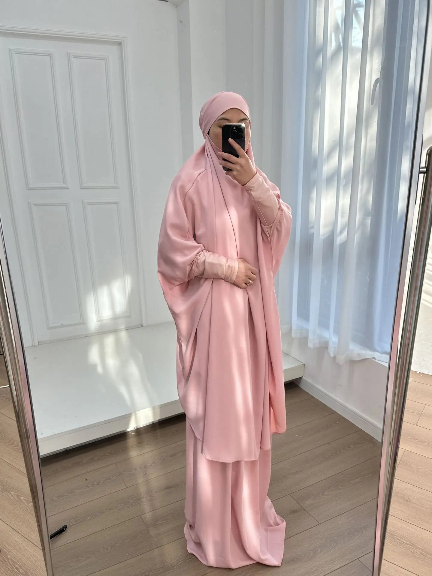 2 Piece Set Hooded Abayas and Skirt for Muslim Women Hijab Dresses Eid Ramadam Payer Garment Islamic Clothing Pink Black