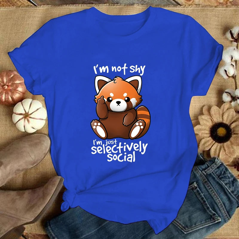 (Premium T-shirt)Panda I'M Not Shy I'M Just Selectively Social Printed T-Shirts Women Short Sleeve Funny Round Neck Tee Shirt