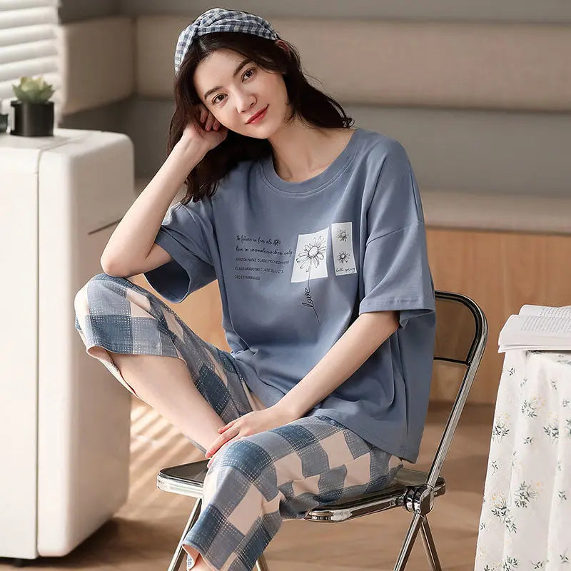 Women Sleepwear Half-Sleeve Seven-Quarter Trousers Student Nightwear Homewear Set Round Neck Cartoon Ladies Pajamas Loungewear