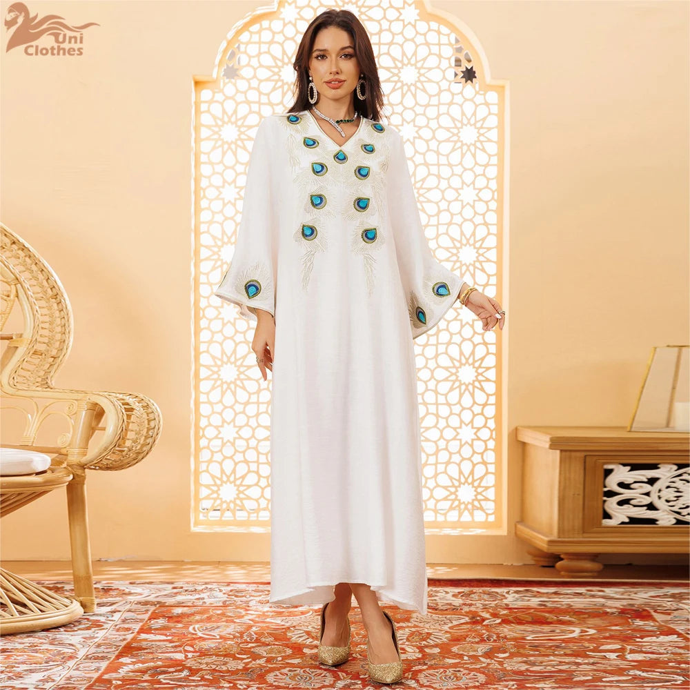 Elegant Women Evening Dress Solid V-Neck abaya Long Sleeve