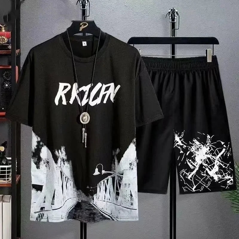 2025 Summer leisure Men set Manga Graffiti Tees T-shirt+shorts 2-piece Comfortable and breathable for men Top Print Tshirts sets