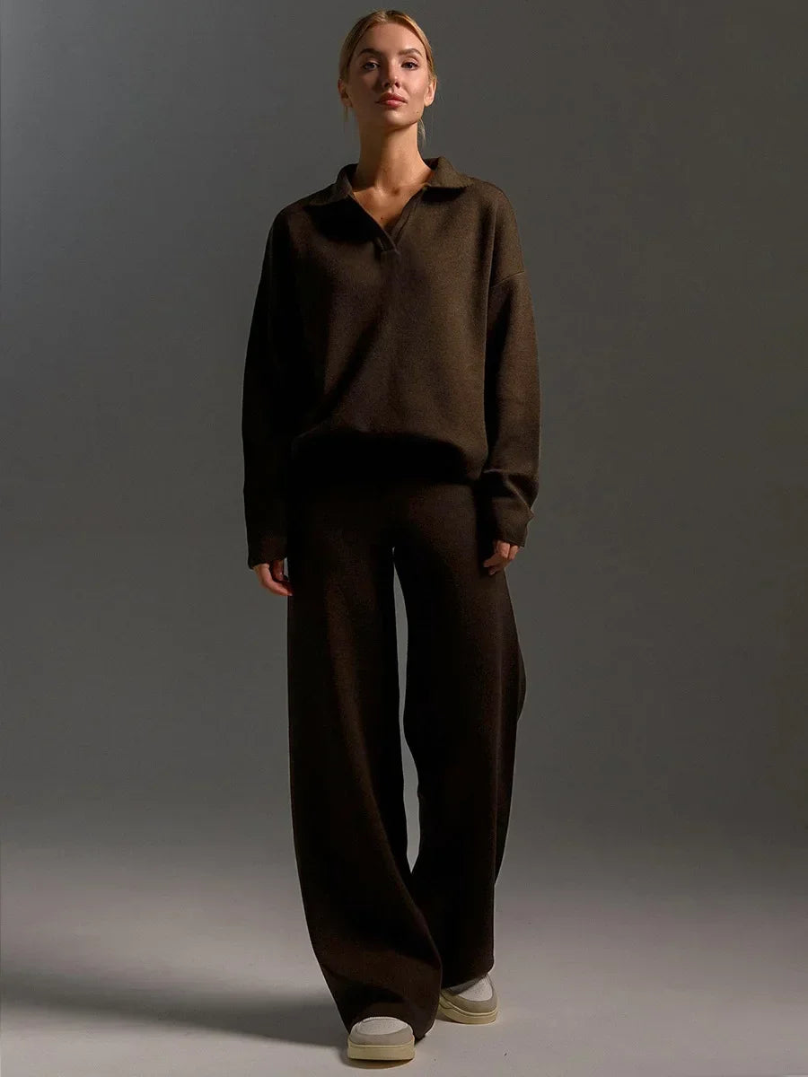 Bornladies Winter Thick Women Knitted Suits Soft 2 Pieces Sets  Polo Neck Sweater & Wide Leg Pants Knitted Outfit