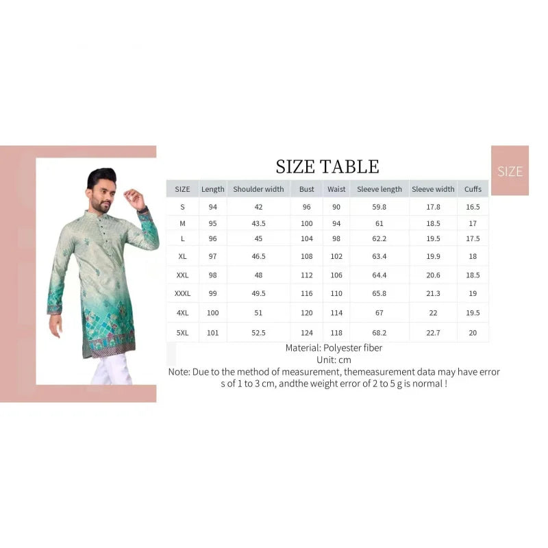 2025 Men Digital Printed Kurta Shirt Regular Fit Mandarin Collar Long Suitable All Occasions