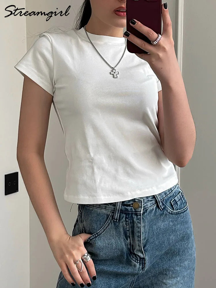 Exquisite Short T Shirts For Women Summer O Neck Slim Cotton Top Tees Streetwear Short Sleeve White Elastic Women's T-shirt Black