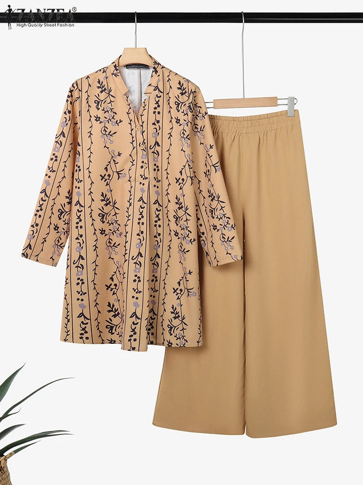 2025 ZANZEA 2 piece Fashion Autumn Long Shirt Pant Suits Women Outfts 2 Piece Sets Long Sleeve Printed Tops Trousers Casual Tracksuits
