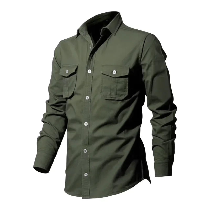 Army Green Tactical Cargo Shirts  Long Sleeve Mens T-Shirt